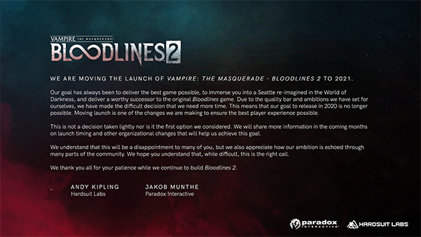 Vampire: The Masquerade — Bloodlines 2 — Delay