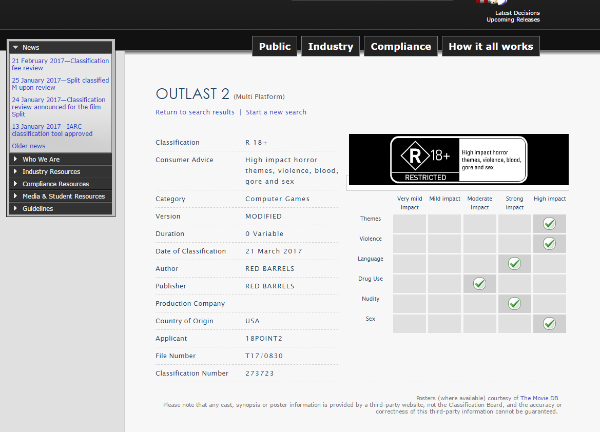 Outlast 2 — Ratings Board