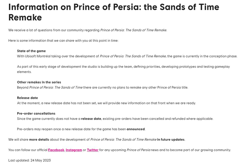 Prince Of Persia: The Sands Of Time — Delayed